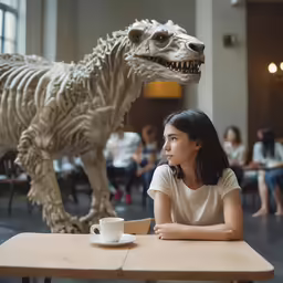 a girl looks away from the camera while standing next to a plastic t - rex