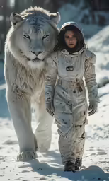girl wearing all white walking beside a large white lion