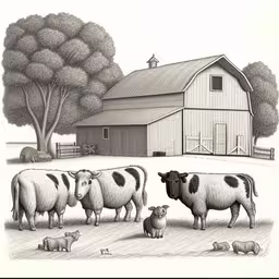 an illustration of a farm with sheep, a pig, and a barn,three sheep in the grass near two small pigs