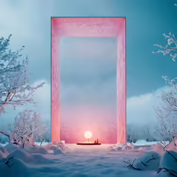 a surreal, light - up display in the middle of snowy area