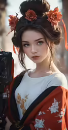an asian woman with a black and orange head piece holding a camera