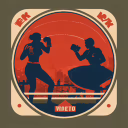 a poster of two women with helmets and boxing gloves in a round setting,two women running in the same pose and holding boxing gloves