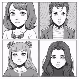 some girls with different hairs and one girl is looking at the camera