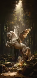 a large white horse with wings standing on its hind legs
