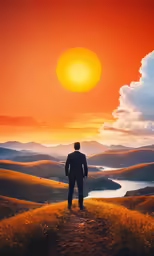 the man in the suit is watching the sun go down over mountains