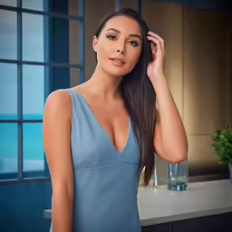 a young woman in a blue dress holding her hair