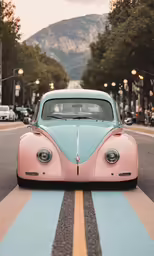 pink and blue buggy parked on the side of a road