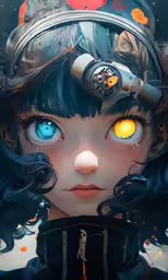 a very artistic, cartoon character with a big, orange eyes