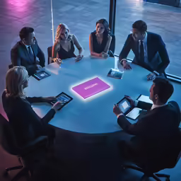 a group of people sitting around a table with electronic devices