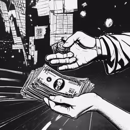 hand holding a money bill over an illustration of space,two hands handing over a pile of money