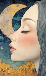 a painting of a girl with her head in the crescent