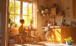 two children sitting at a table in front of large windows