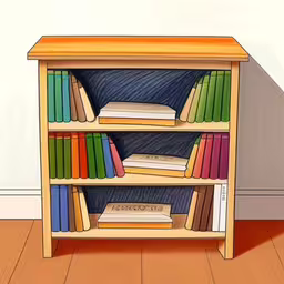 this is a wood book shelf with a bunch of books on it,a wood bookcase with books and colored books,a drawing of books on a wooden shelf,a cartoon picture of an easy bookshelf,a bookcase that is full of books, with a lot of books on top