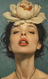 a woman in an elegant dress and a flower on her head