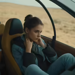 a girl sitting in a car staring out the window