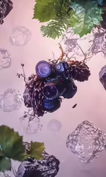 a camera sitting on top of a lake surrounded by leaves and rocks