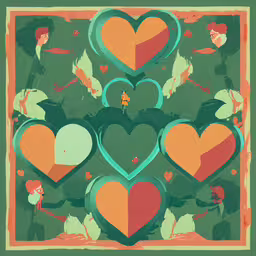 the hearts and leaves are arranged in the same pattern,a bunch of hearts on a green background