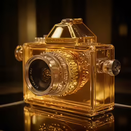 an antique yellow camera on a reflective surface