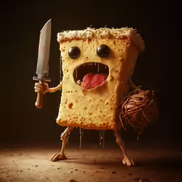 a funny cheese slice with eyes, hands and a knife