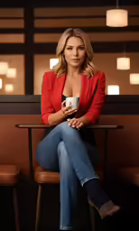a woman in red jacket sitting on a chair with legs crossed
