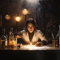 a young woman lighting a candle in a bar