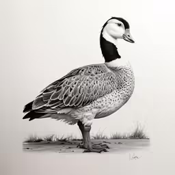 an ink painting shows a duck on a small patch of land