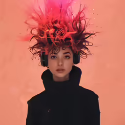 a woman with long red hair and headphones is looking towards the camera