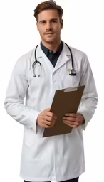 a male doctor with a white coat is holding a clipboard