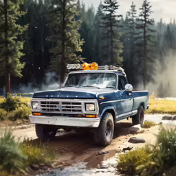 a blue truck driving down a dirt road,a blue truck sitting on top of a dirt road next to trees
