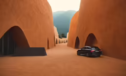 a car parked in between two structures in the desert