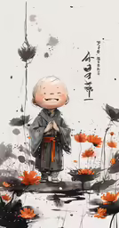 an artistic painting with a boy wearing an orange tie and holding his arms crossed, standing in front of some water lilies