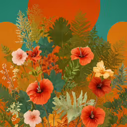 a painting with red flowers in a yellow vase,an artistic painting of flowers and green leaves