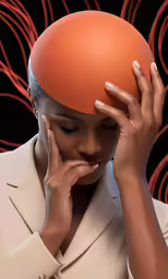 a woman is holding her head and wearing an orange hat