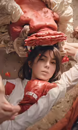 a girl with red gloves in the dirt