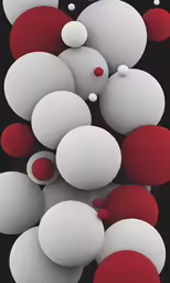 white and red bubbles against a black background