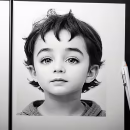 a black and white photo of a young boy with a short hair