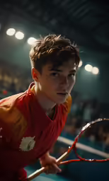 there is a young man holding a tennis racquet