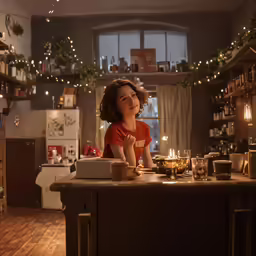 a young girl is sitting at a kitchen counter with wine glasses and lights on