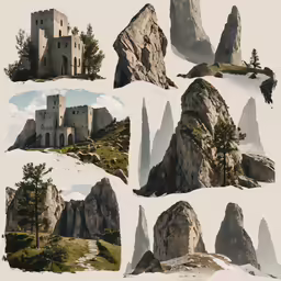 some mountains are covered in snow with various trees
