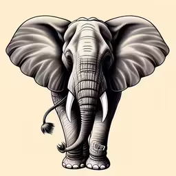 a drawing of an elephant standing against a beige background,a drawing of an elephant with tusks