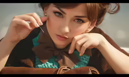 a lady with a bow tie and a coat on