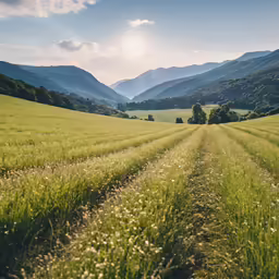 a grassy field in the distance with a sun shining on it
