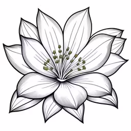 a flower with leaves on a white background,the detailed flower is white and it appears to be drawing