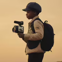 a man wearing a brown jacket holding a camera