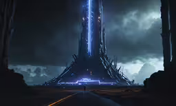 a person stands in the middle of a street with a tall tower that has lights,a man stands at the edge of an alien like structure