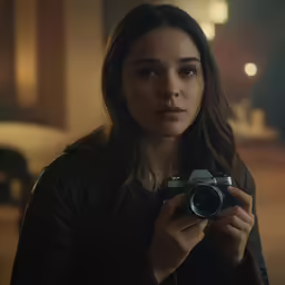a woman is holding a camera while staring at the camera