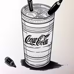 a black and white photo of an iced beverage and a cigarette,a black and white drawing of an iced drink