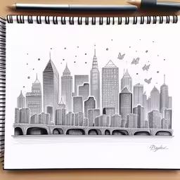 this is a drawing i did of a city,a drawing of a city with lots of buildings,a pen drawing of a city skyline on a paper,a pencil drawing of a cityscape on white paper,an ink drawing of a city