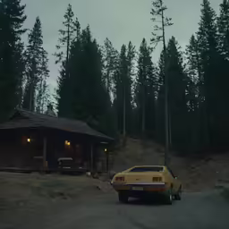 a car parked in front of a house on a hill