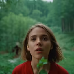 a woman is holding a leaf in her hands